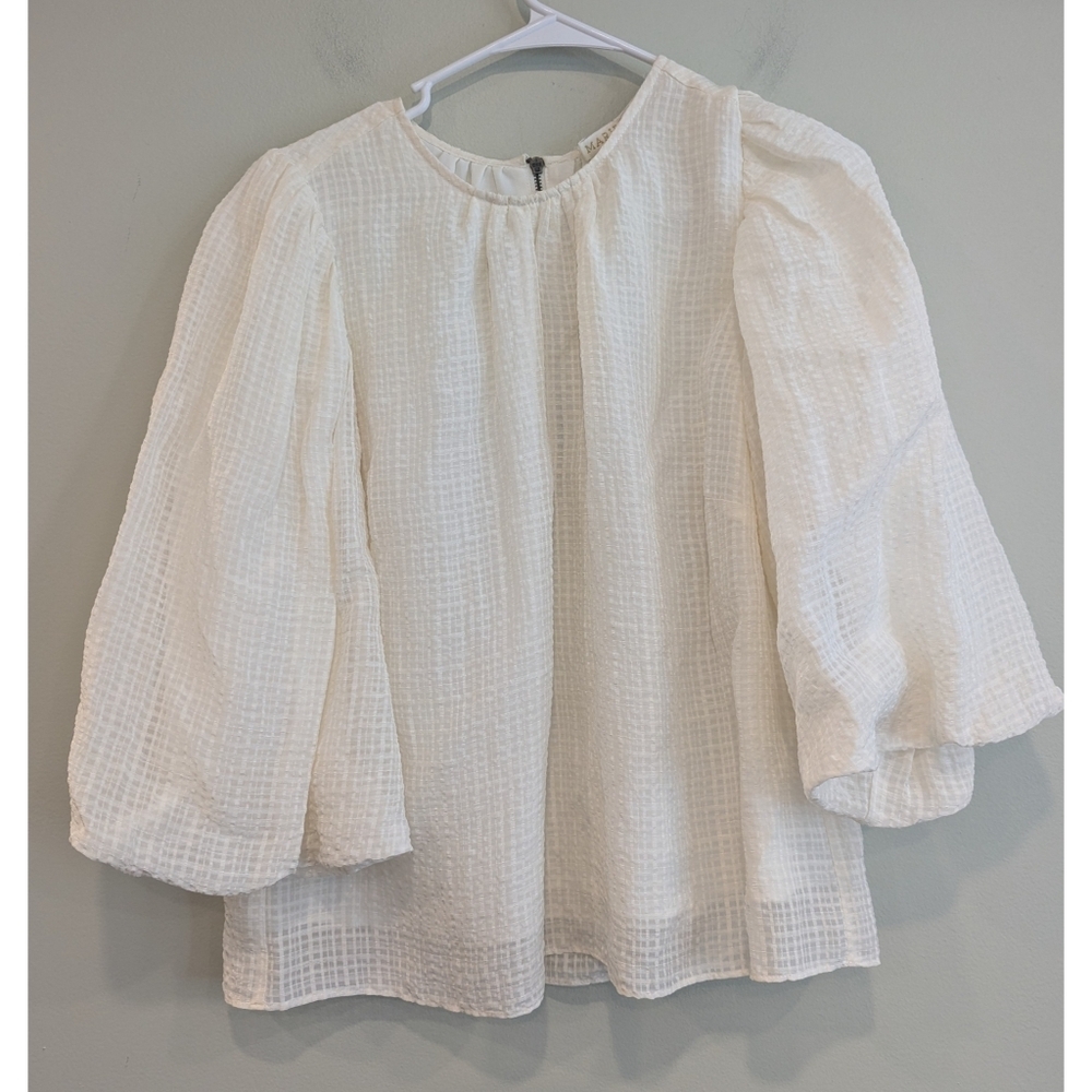 Marie Oliver White Linen Silk Puff Half Sleeve Blouse Size Medium